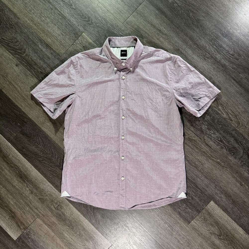 Hugo Boss Mens Short Sleeve Button Up Shirt Pink‎ Micro Dot Regular Fit XL